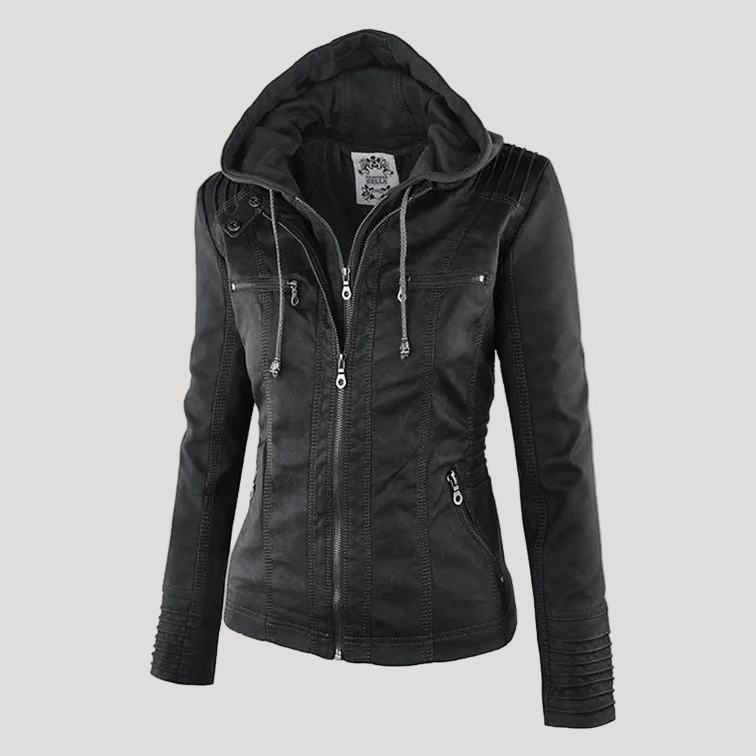 Frieda Schwarz Kunstleder-Optik Bikerjacke mit abnehmbarer Kapuze für Damen | Slim Fit Casual - S/M/L/XL/2XL/3XL