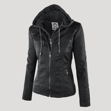 Frieda Schwarz Kunstleder-Optik Bikerjacke mit abnehmbarer Kapuze für Damen | Slim Fit Casual - S/M/L/XL/2XL/3XL