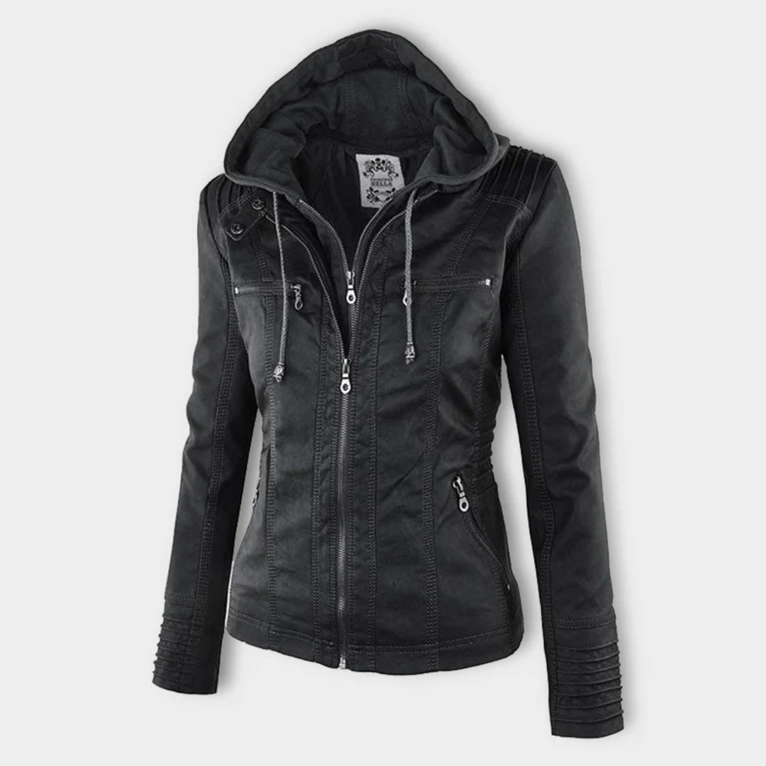 Monika Braun Kurze Leder-Optik Jacke mit Kapuze für Damen | Biker Stil Casual Herbst - S/M/L/XL/2XL/3XL