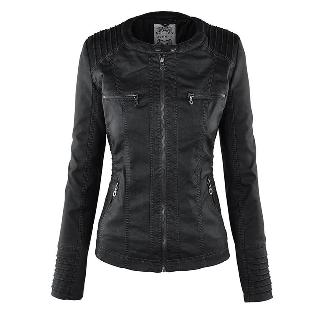 Monika Braun Kurze Leder-Optik Jacke mit Kapuze für Damen | Biker Stil Casual Herbst - S/M/L/XL/2XL/3XL