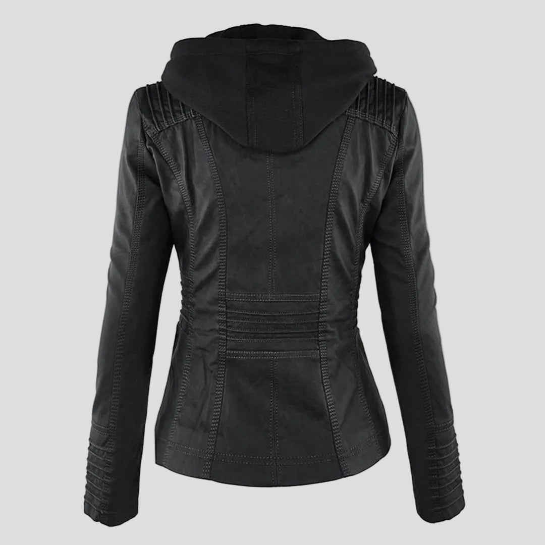 Frieda Schwarz Kunstleder-Optik Bikerjacke mit abnehmbarer Kapuze für Damen | Slim Fit Casual - S/M/L/XL/2XL/3XL