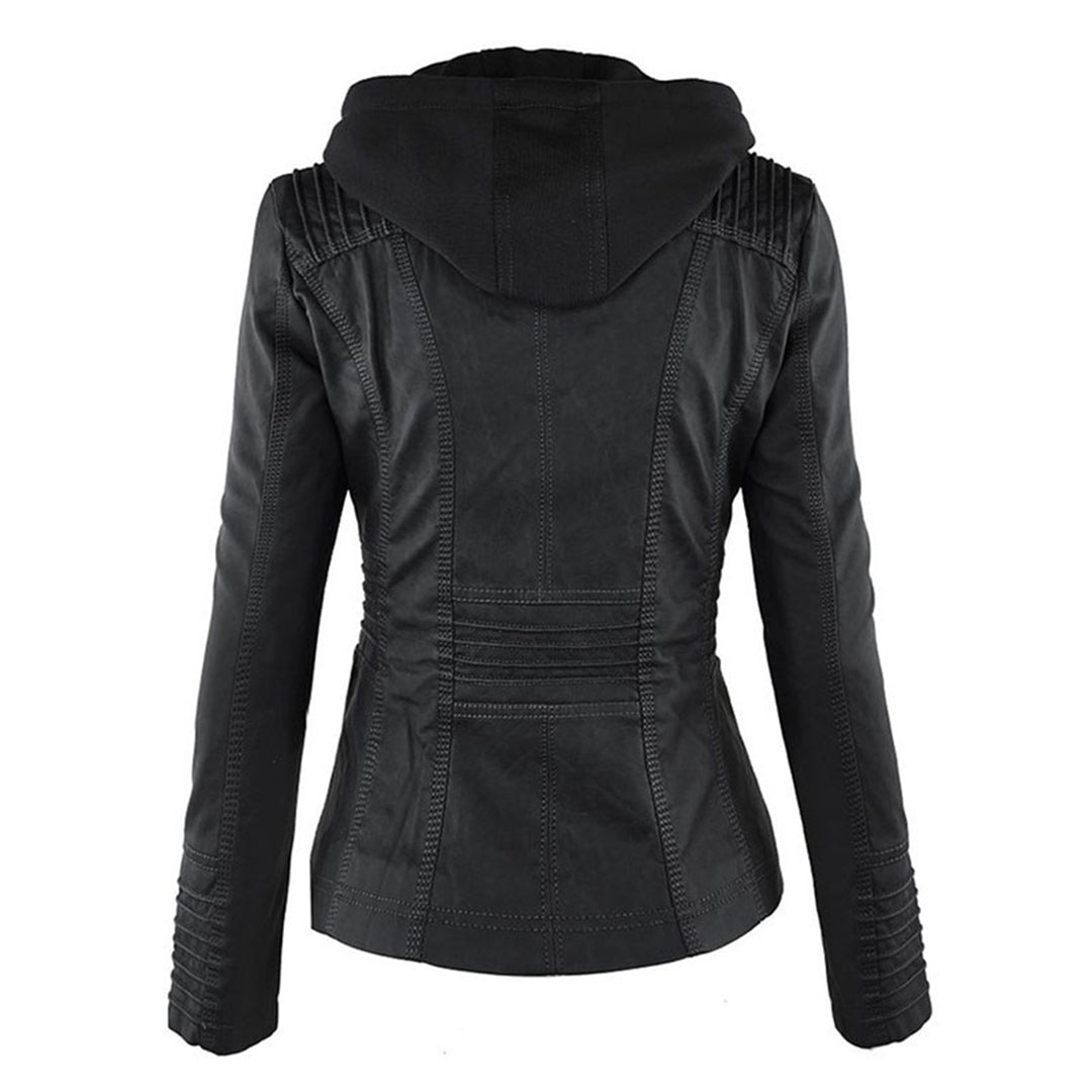 Monika Braun Kurze Leder-Optik Jacke mit Kapuze für Damen | Biker Stil Casual Herbst - S/M/L/XL/2XL/3XL