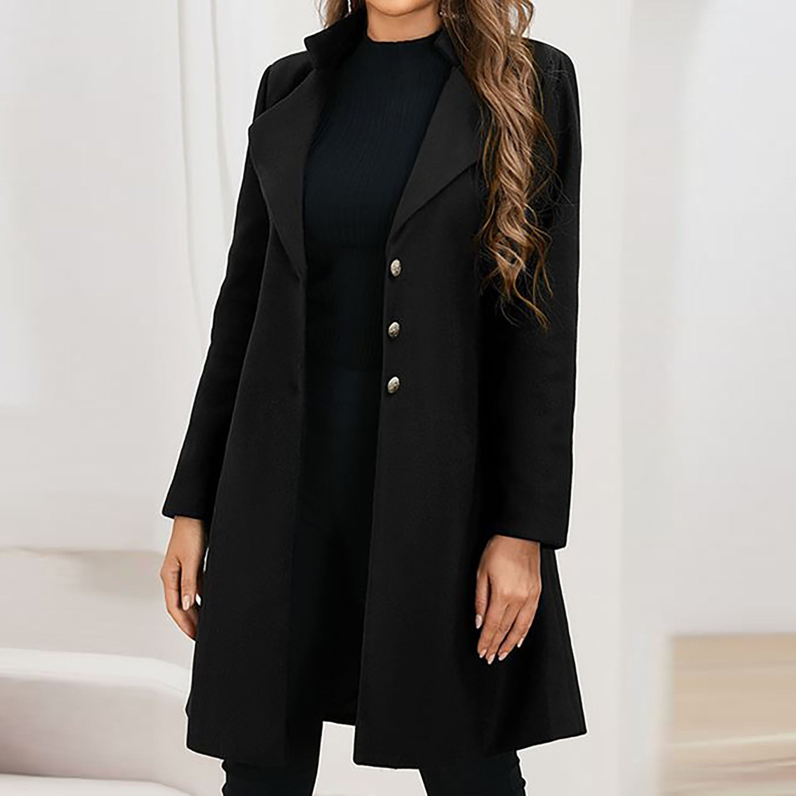 Brigitte Schwarz Taillierter Langer Wollmantel für Damen | Eleganter Wintermantel mit Knöpfen - S/M/L/XL/2XL/3XL