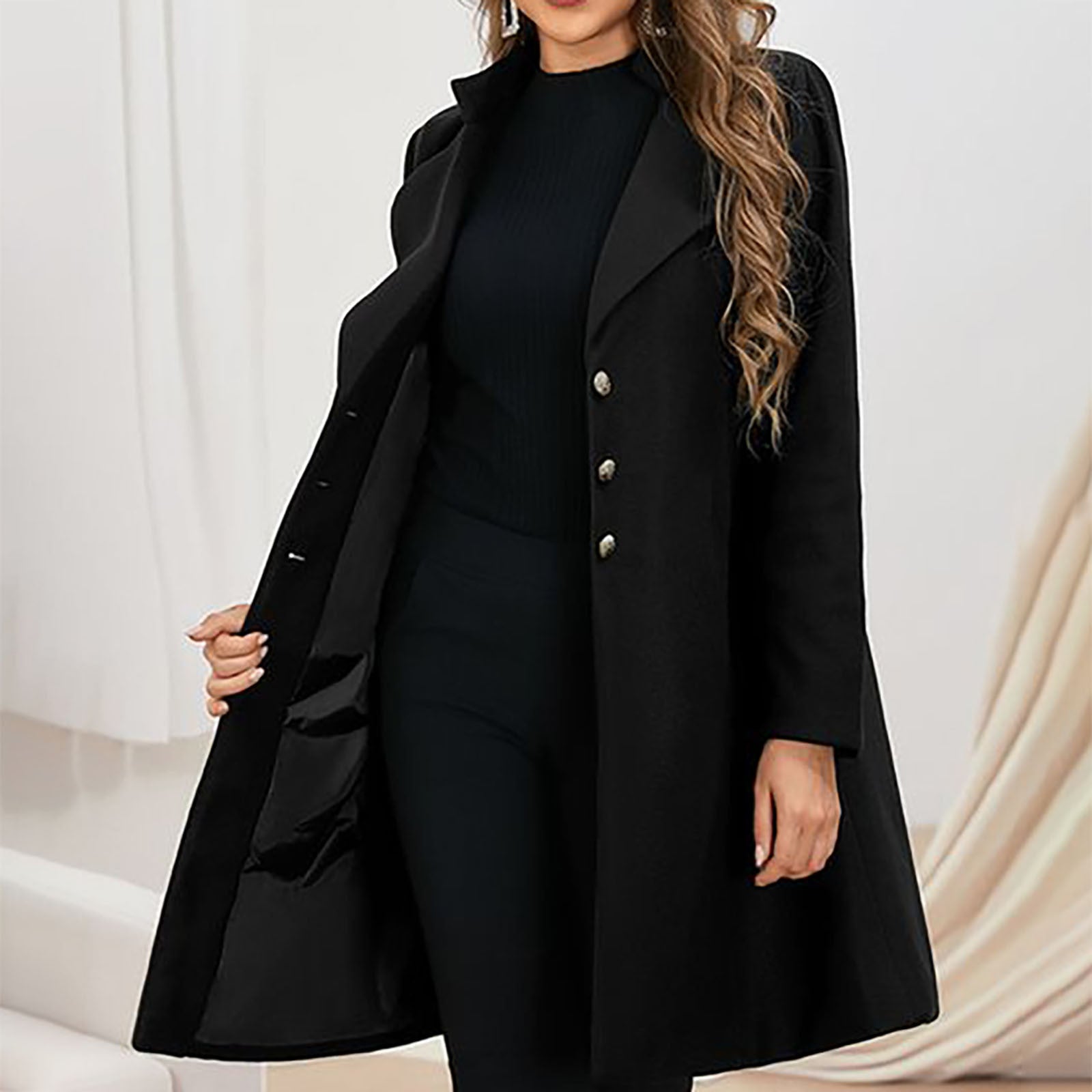Brigitte Schwarz Taillierter Langer Wollmantel für Damen | Eleganter Wintermantel mit Knöpfen - S/M/L/XL/2XL/3XL