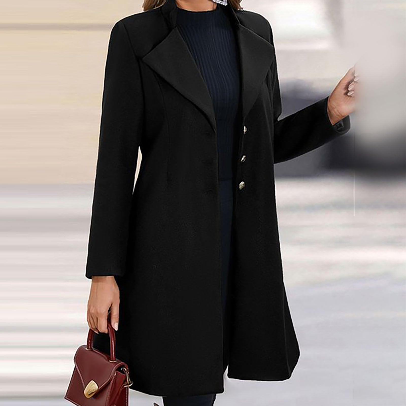 Brigitte Schwarz Taillierter Langer Wollmantel für Damen | Eleganter Wintermantel mit Knöpfen - S/M/L/XL/2XL/3XL