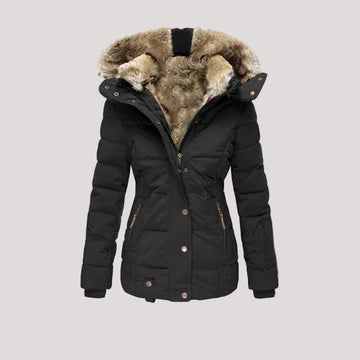 Beatrice Schwarz Gesteppte Taillierte Winterjacke mit Kunstfell-Kapuze für Damen | Winter Freizeit - S/M/L/XL/2XL/3XL/4XL/5XL