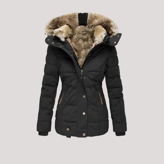 Beatrice Schwarz Gesteppte Taillierte Winterjacke mit Kunstfell-Kapuze für Damen | Winter Freizeit - S/M/L/XL/2XL/3XL/4XL/5XL