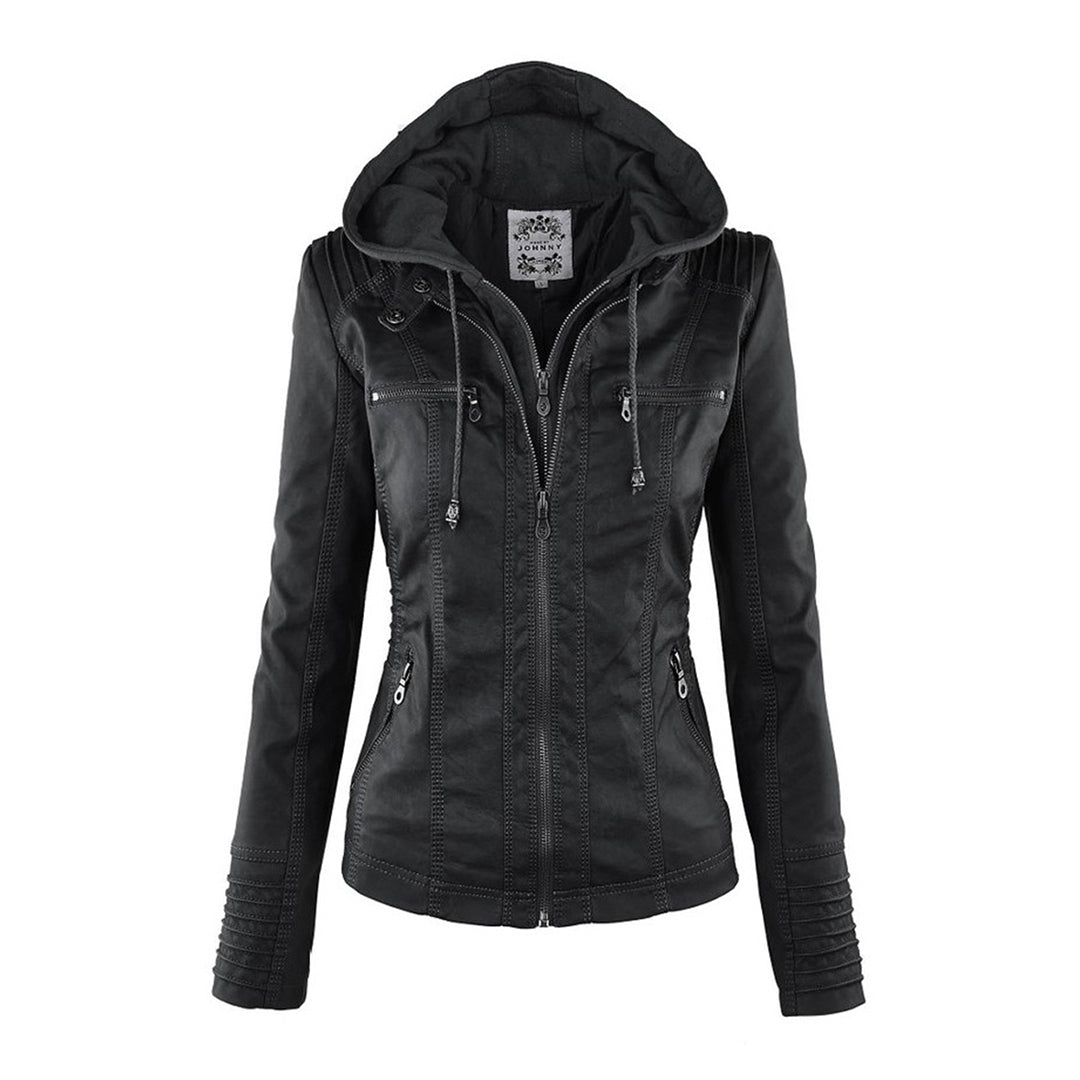 Monika Braun Kurze Leder-Optik Jacke mit Kapuze für Damen | Biker Stil Casual Herbst - S/M/L/XL/2XL/3XL