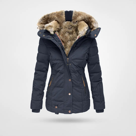 Beatrice Schwarz Gesteppte Taillierte Winterjacke mit Kunstfell-Kapuze für Damen | Winter Freizeit - S/M/L/XL/2XL/3XL/4XL/5XL