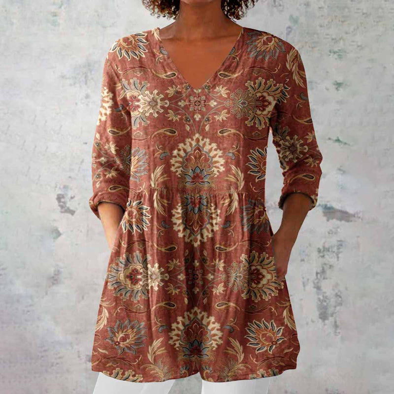 Therese Terrakotta Boho Vintage-Print Tunika-Bluse für Damen | Leicht Locker Fit - S/M/L/XL/2XL/3XL/4XL/5XL