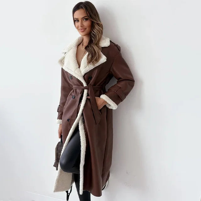 Adele Schwarz Langer Leder-Optik Mantel mit Sherpa-Futter für Damen | Winter Casual Stil - S/M/L/XL