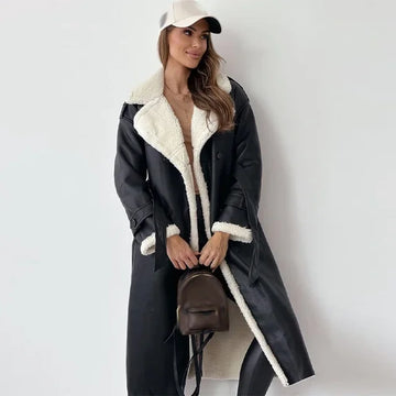 Adele Schwarz Langer Leder-Optik Mantel mit Sherpa-Futter für Damen | Winter Casual Stil - S/M/L/XL
