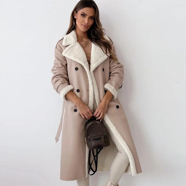 Adele Schwarz Langer Leder-Optik Mantel mit Sherpa-Futter für Damen | Winter Casual Stil - S/M/L/XL