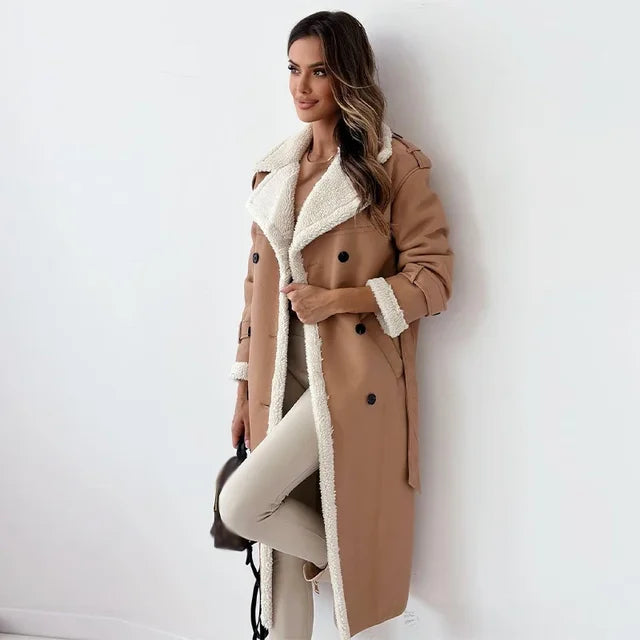 Adele Schwarz Langer Leder-Optik Mantel mit Sherpa-Futter für Damen | Winter Casual Stil - S/M/L/XL