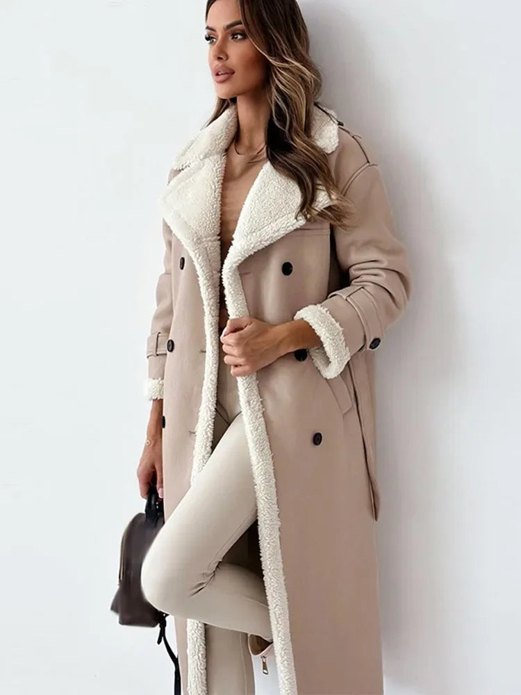 Adele Schwarz Langer Leder-Optik Mantel mit Sherpa-Futter für Damen | Winter Casual Stil - S/M/L/XL