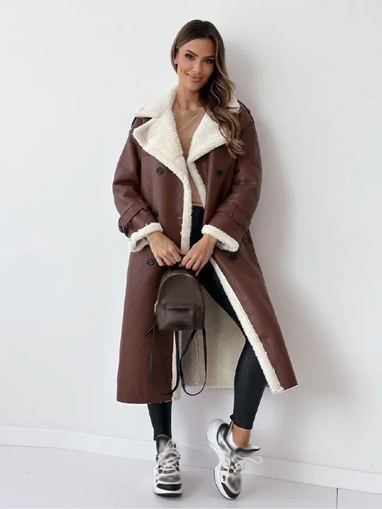 Adele Schwarz Langer Leder-Optik Mantel mit Sherpa-Futter für Damen | Winter Casual Stil - S/M/L/XL