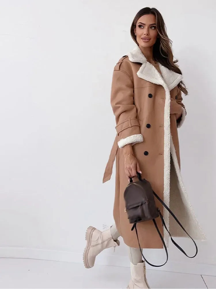 Adele Schwarz Langer Leder-Optik Mantel mit Sherpa-Futter für Damen | Winter Casual Stil - S/M/L/XL