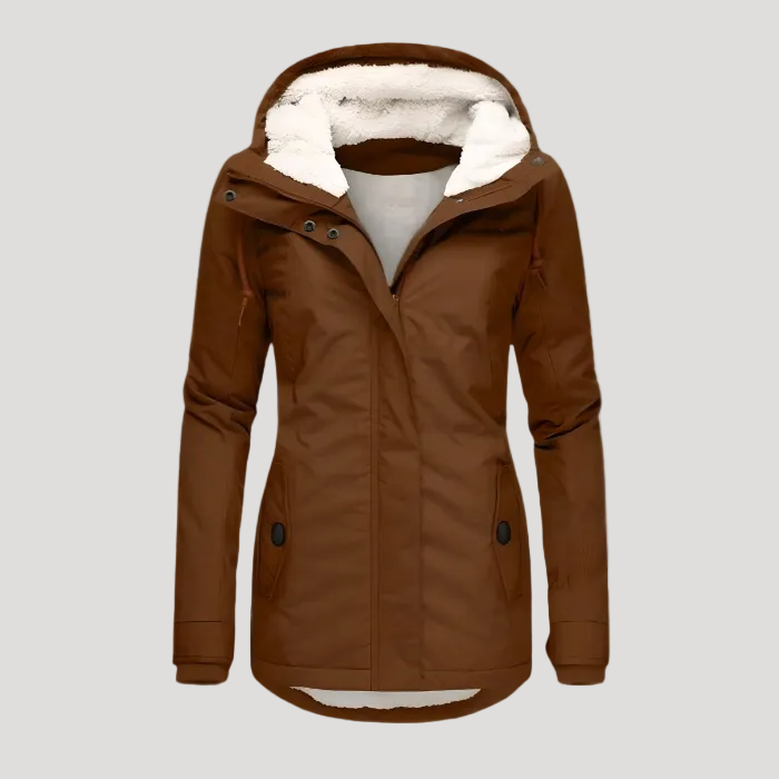 Monika Schwarz Wasserdichte Gefütterte Winterjacke mit Kapuze für Damen | Sherpa-Futter Figurnah Winter - S/M/L/XL/2XL/3XL