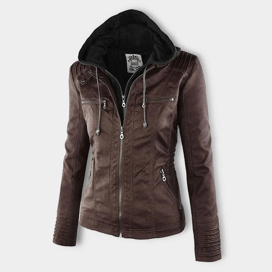 Monika Braun Kurze Leder-Optik Jacke mit Kapuze für Damen | Biker Stil Casual Herbst - S/M/L/XL/2XL/3XL