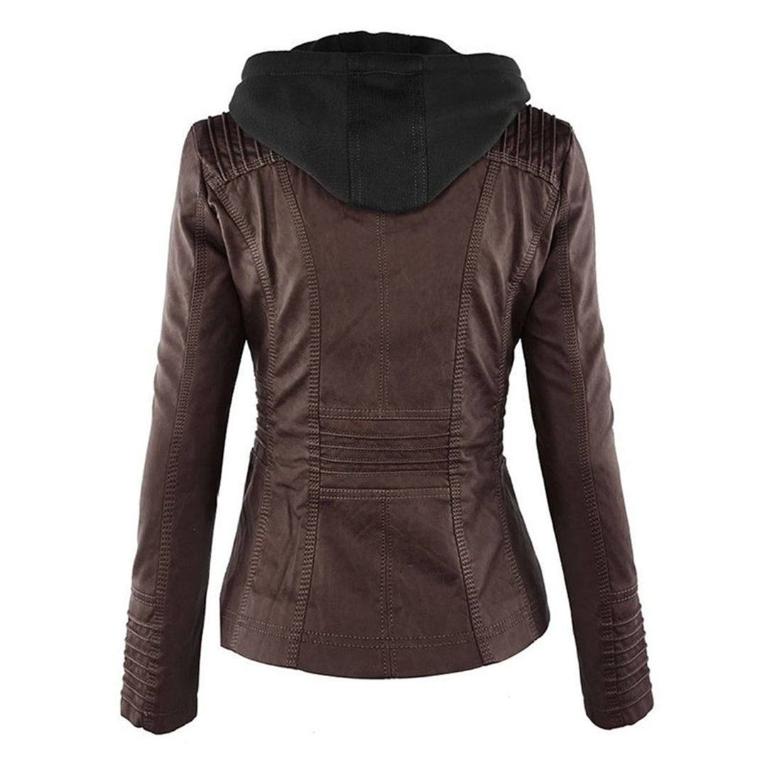 Monika Braun Kurze Leder-Optik Jacke mit Kapuze für Damen | Biker Stil Casual Herbst - S/M/L/XL/2XL/3XL