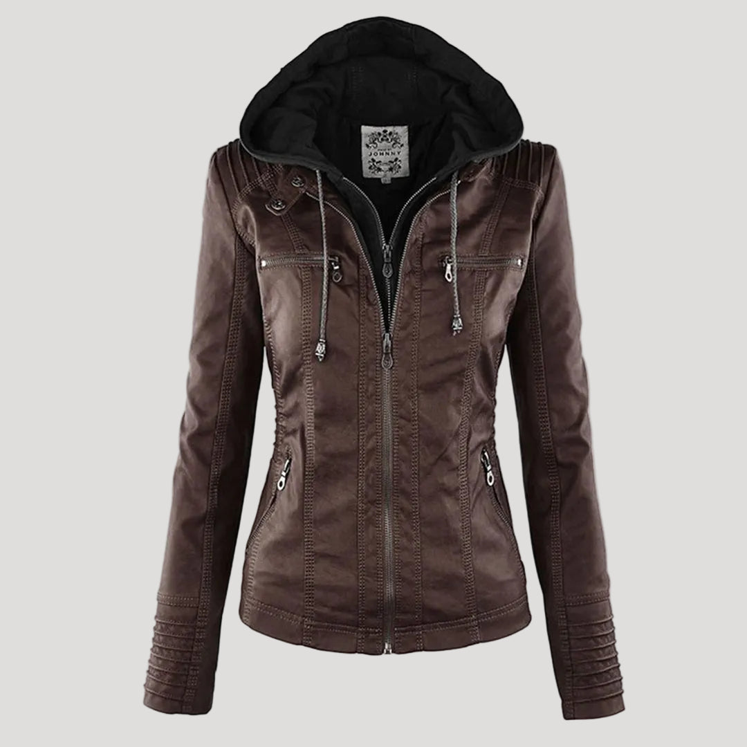 Frieda Schwarz Kunstleder-Optik Bikerjacke mit abnehmbarer Kapuze für Damen | Slim Fit Casual - S/M/L/XL/2XL/3XL