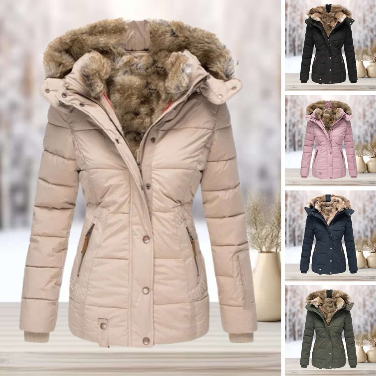 Lore Aprikose Gesteppte Winterjacke mit Kunstfell-Kapuze für Damen | Tailliert Winter Casual - S/M/L/XL/2XL/XXXL/4XL/5XL