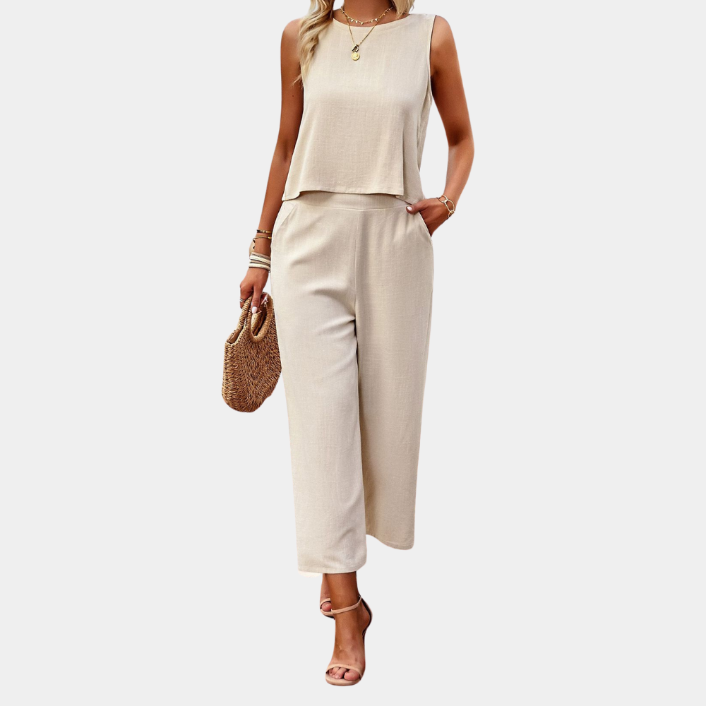 Erika Orange Ärmelloses Crop-Top und Culotte Set für Damen | Leichter Linen-Look | Sommer Alltag - S/M/L/XL/2XL