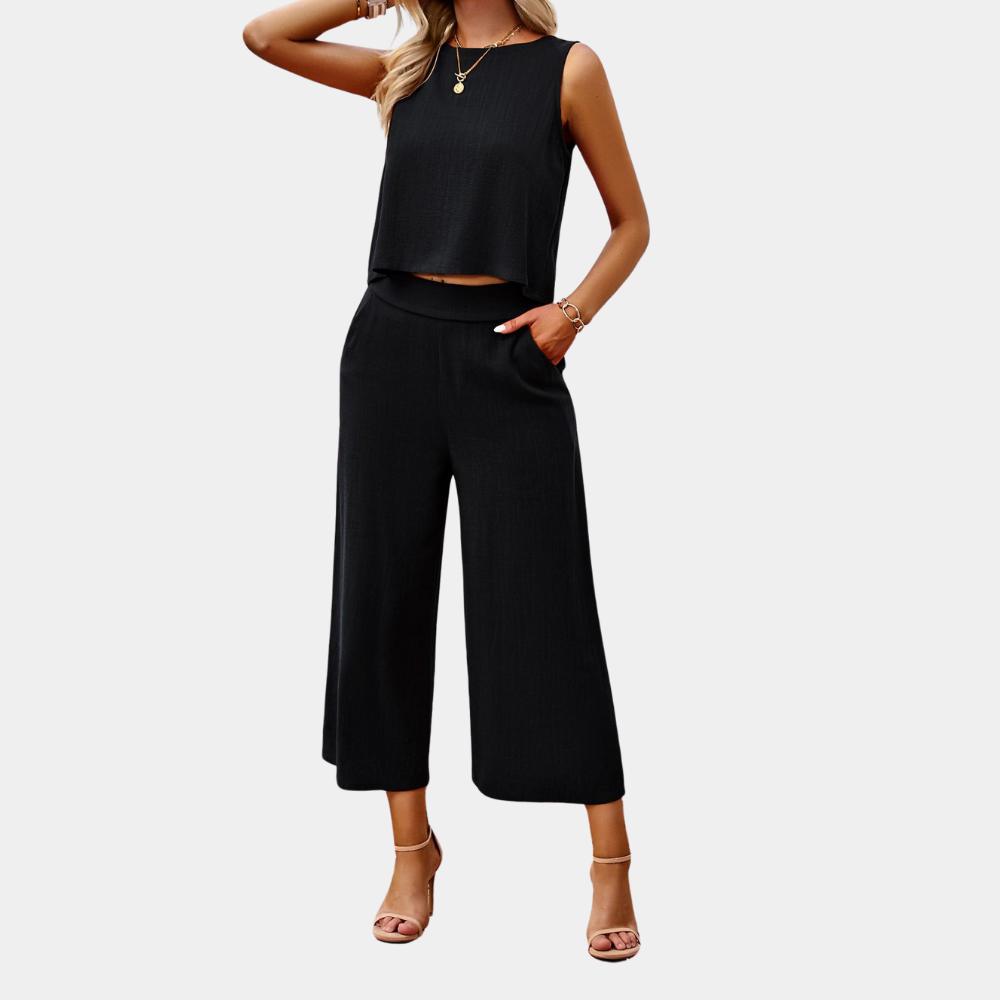 Erika Orange Ärmelloses Crop-Top und Culotte Set für Damen | Leichter Linen-Look | Sommer Alltag - S/M/L/XL/2XL