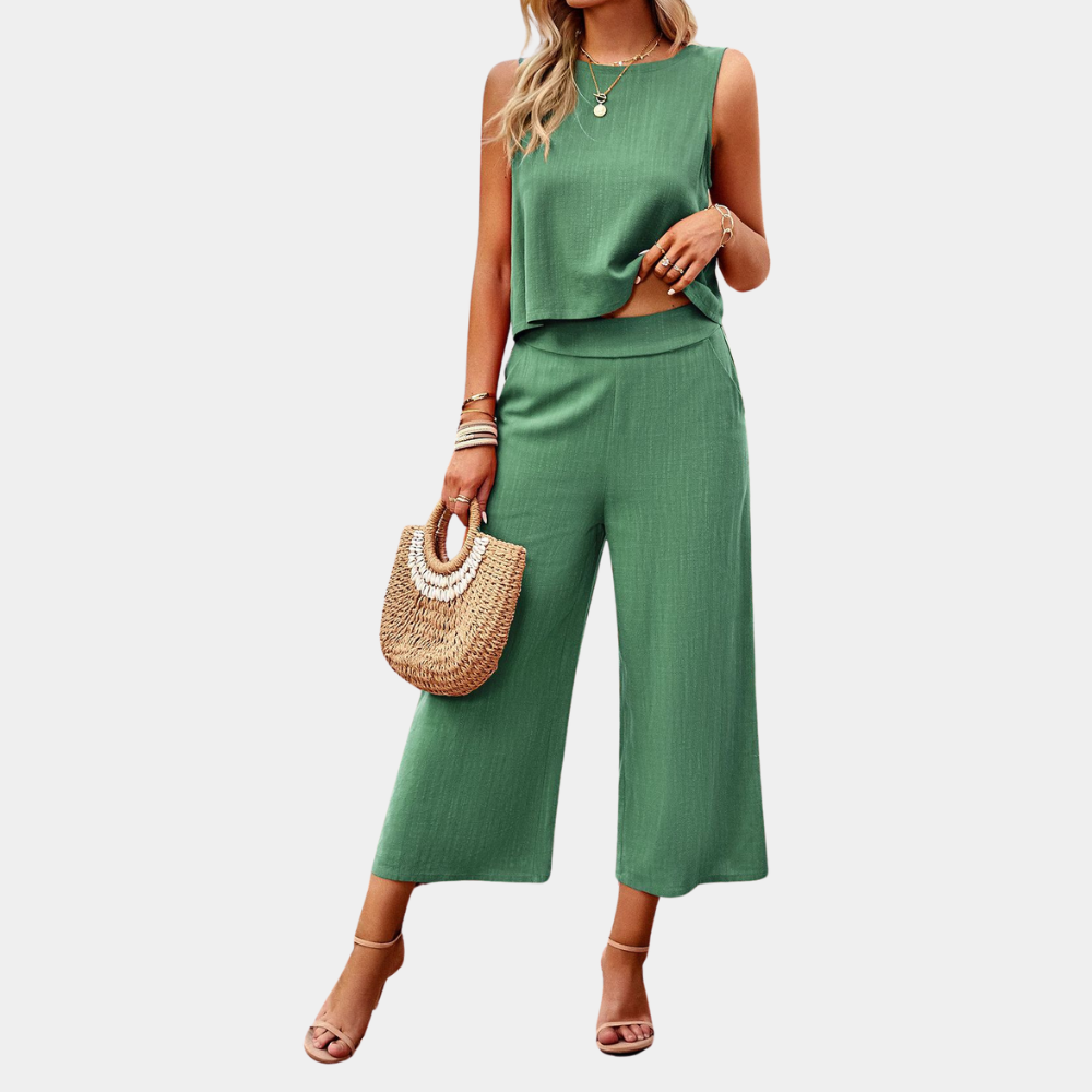 Erika Orange Ärmelloses Crop-Top und Culotte Set für Damen | Leichter Linen-Look | Sommer Alltag - S/M/L/XL/2XL