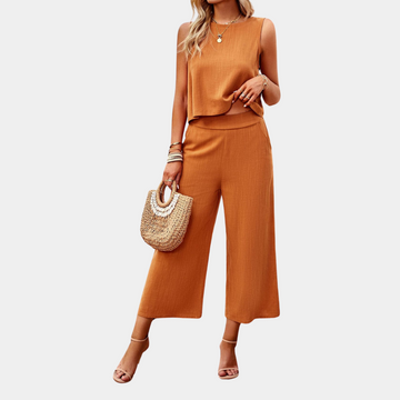 Erika Orange Ärmelloses Crop-Top und Culotte Set für Damen | Leichter Linen-Look | Sommer Alltag - S/M/L/XL/2XL