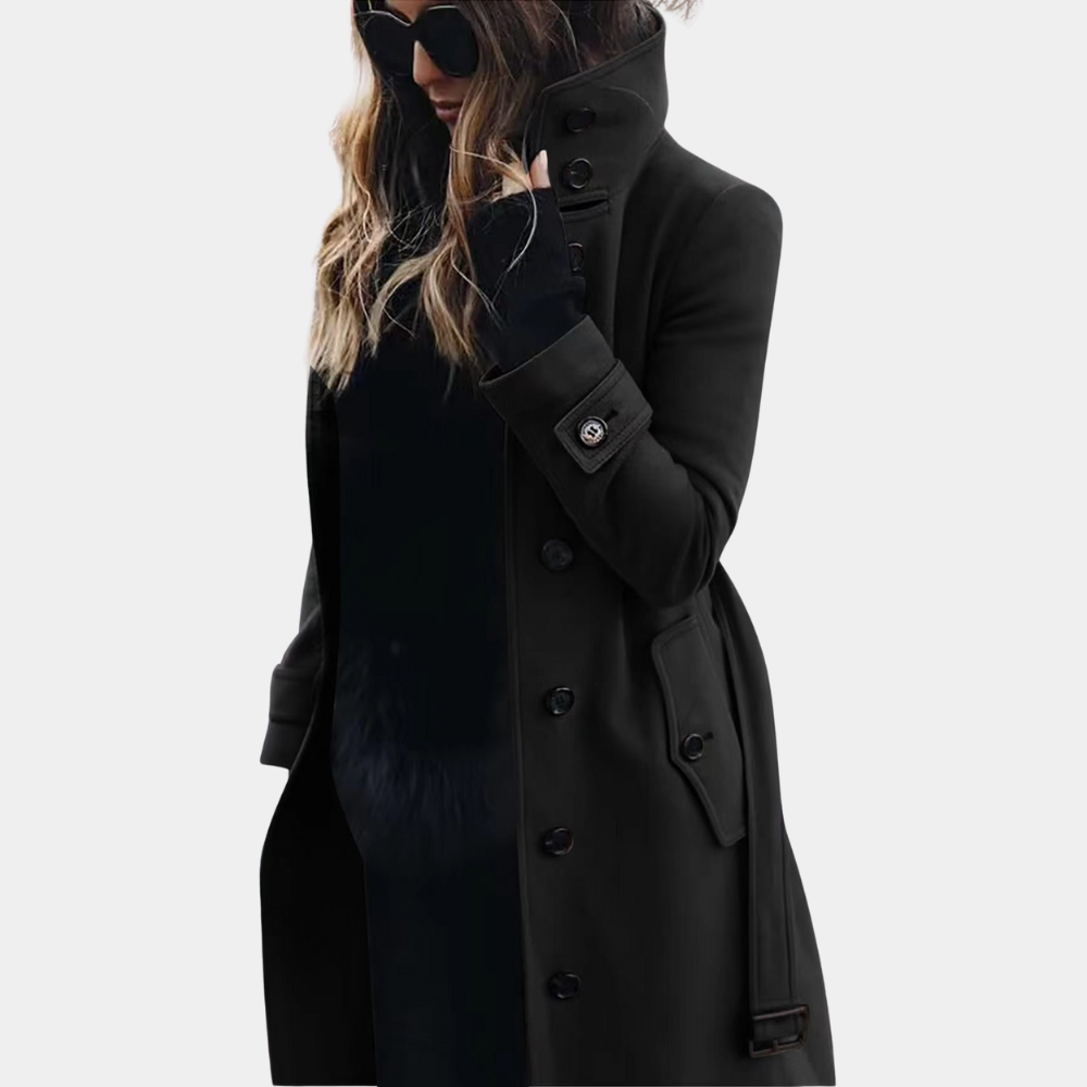 Kornelia Khaki Eleganter Langer Doppelreiher Mantel mit Stehkragen für Damen | Herbst Winter Büro Stadtlook - XS/S/M/L/XL