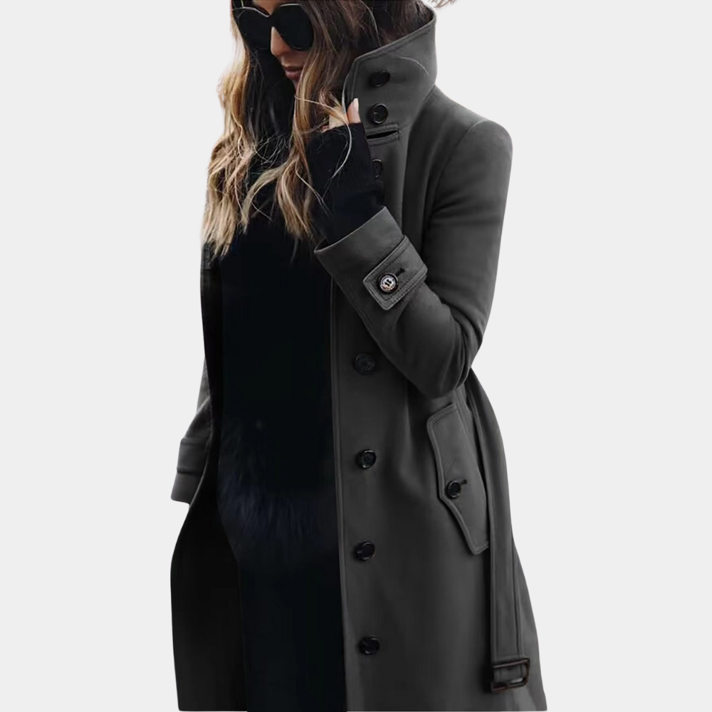 Kornelia Khaki Eleganter Langer Doppelreiher Mantel mit Stehkragen für Damen | Herbst Winter Büro Stadtlook - XS/S/M/L/XL