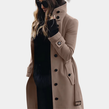 Kornelia Khaki Eleganter Langer Doppelreiher Mantel mit Stehkragen für Damen | Herbst Winter Büro Stadtlook - XS/S/M/L/XL