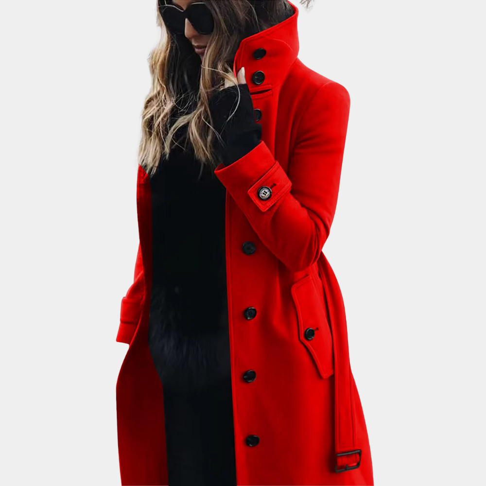Kornelia Khaki Eleganter Langer Doppelreiher Mantel mit Stehkragen für Damen | Herbst Winter Büro Stadtlook - XS/S/M/L/XL