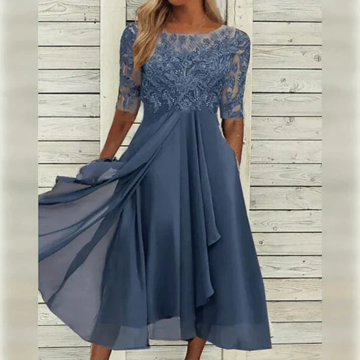 Monika Grün Spitzen-Midi-Kleid mit A-Linie für Damen | Elegant Fliessend | Hochzeit & Garten-Events - S/M/L/XL/2XL/3XL