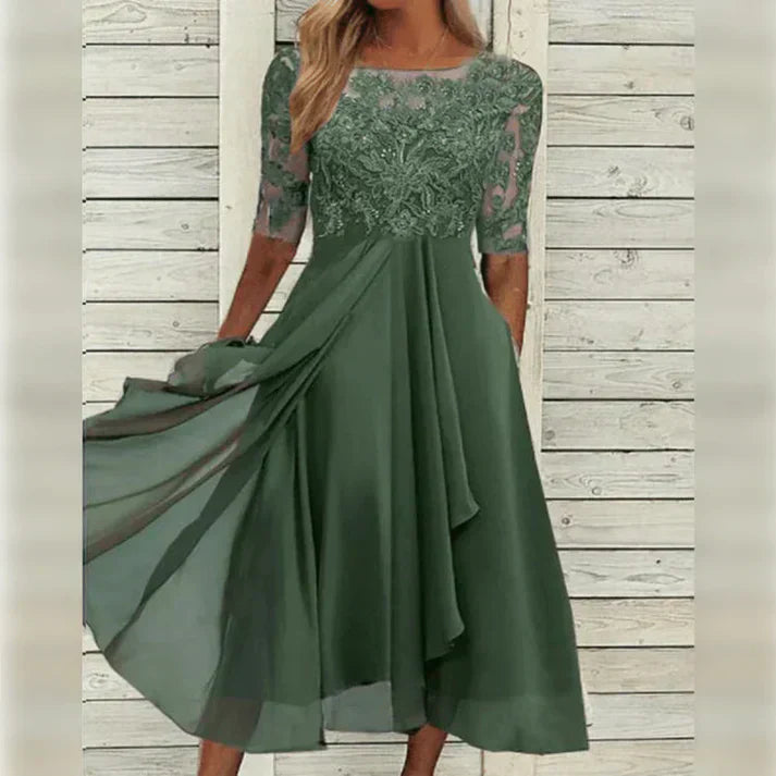 Monika Grün Spitzen-Midi-Kleid mit A-Linie für Damen | Elegant Fliessend | Hochzeit & Garten-Events - S/M/L/XL/2XL/3XL