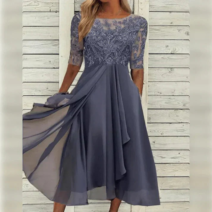 Monika Grün Spitzen-Midi-Kleid mit A-Linie für Damen | Elegant Fliessend | Hochzeit & Garten-Events - S/M/L/XL/2XL/3XL