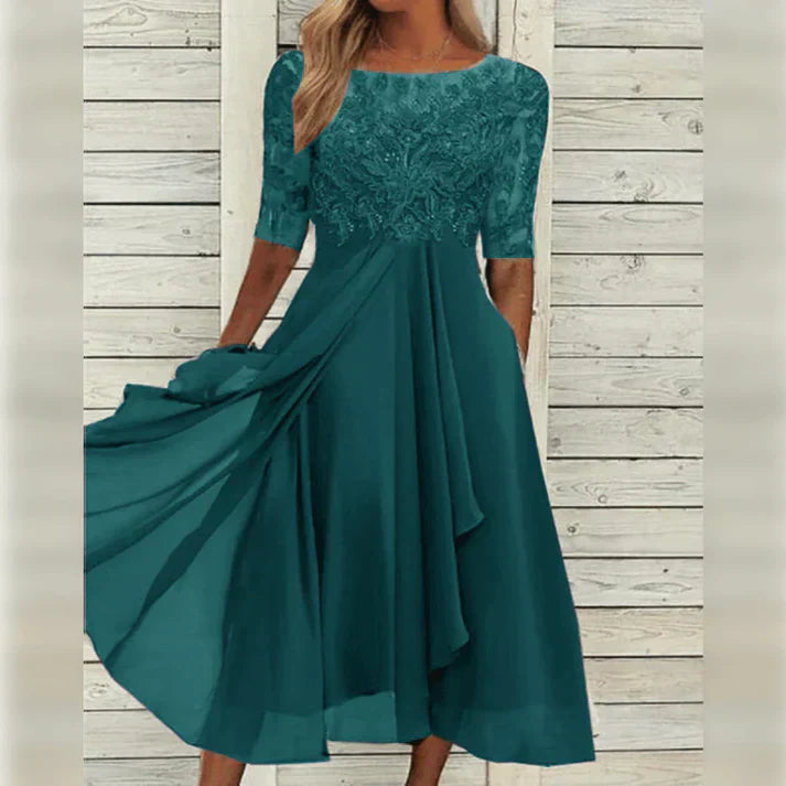 Monika Grün Spitzen-Midi-Kleid mit A-Linie für Damen | Elegant Fliessend | Hochzeit & Garten-Events - S/M/L/XL/2XL/3XL