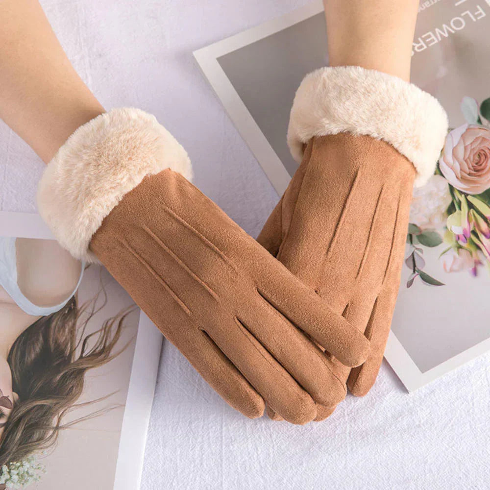 Brigitte Rosa Winter Handschuhe für Damen in Veloursleder-Optik mit Kunstfell-Bündchen | Einheitsgrösse