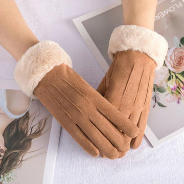 Brigitte Rosa Winter Handschuhe für Damen in Veloursleder-Optik mit Kunstfell-Bündchen | Einheitsgrösse