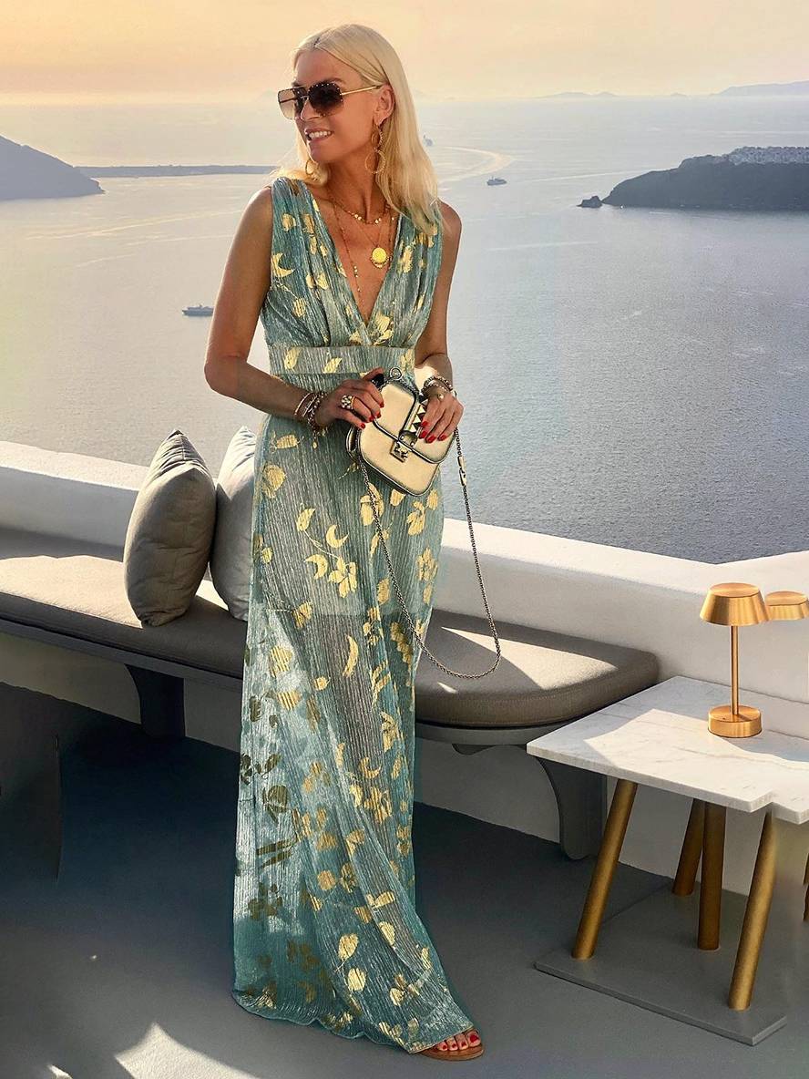 Margrit Gelb Metallic Folien V-Ausschnitt Maxikleid für Damen | Eleganter Fliessender Stil | Abend und Strand - S/M/L/XL