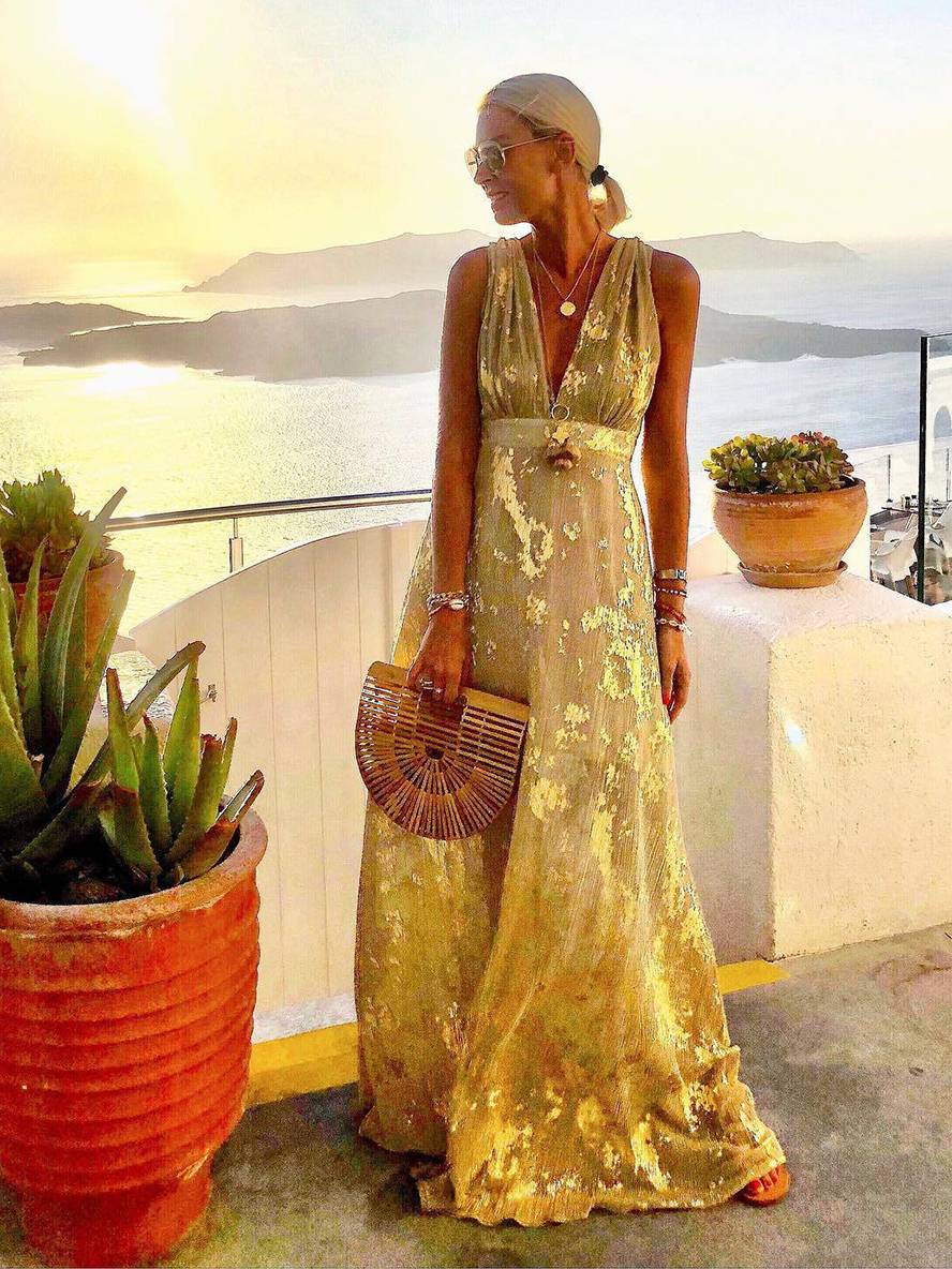Margrit Gelb Metallic Folien V-Ausschnitt Maxikleid für Damen | Eleganter Fliessender Stil | Abend und Strand - S/M/L/XL