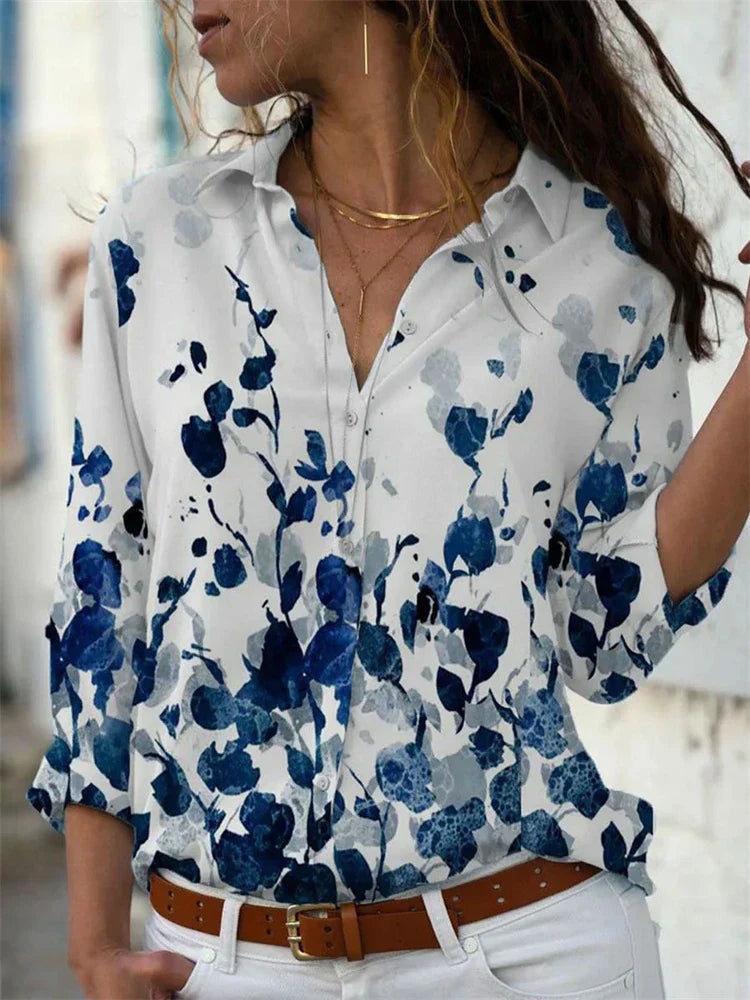 Celine Damen Bluse | Aquarell Blumenprint, 100% Baumwolle, Langarm 0