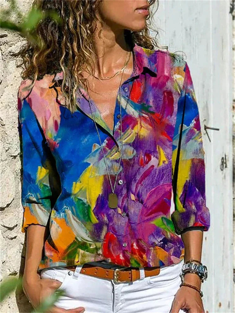 Celine Damen Bluse | Aquarell Blumenprint, 100% Baumwolle, Langarm 6