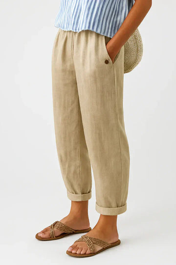 Gertrud Beige Leinenhose mit Gummibund für Damen | Entspannte Passform | Sommer und Alltag - S-5XL