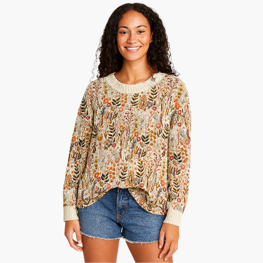 Silvia Beige Geblümter Oversized Strickpullover für Damen | Botanischer Blumen-Druck Casual Stil - S-4XL