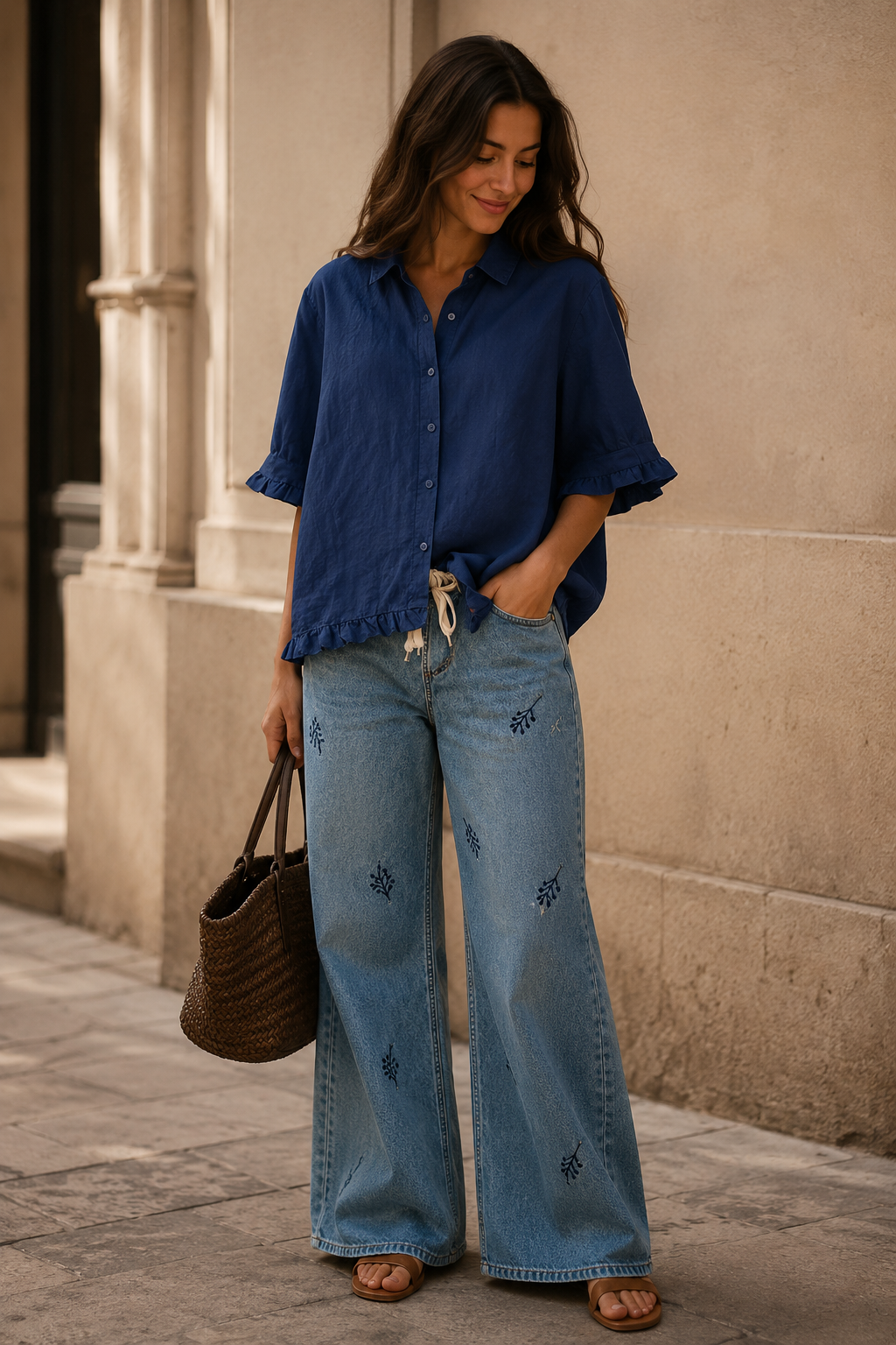 Monika Marineblau Rüschen-Saum Baumwoll-Leinen Bluse für Damen | Lockere Passform | Alltag & Freizeit - S-5XL