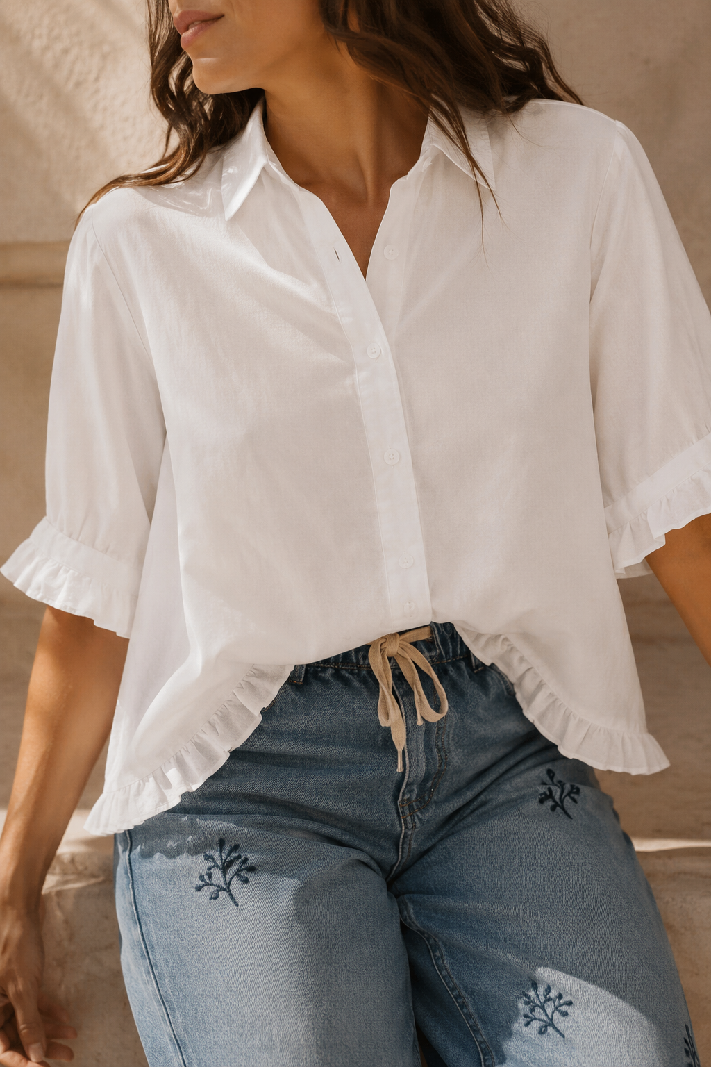 Monika Marineblau Rüschen-Saum Baumwoll-Leinen Bluse für Damen | Lockere Passform | Alltag & Freizeit - S-5XL