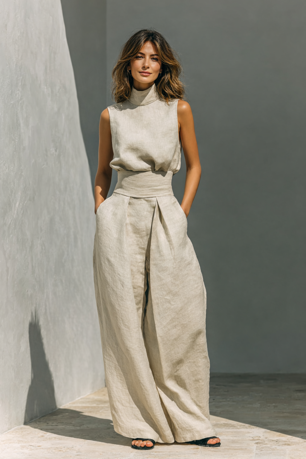 Yvonne Hellblau Ärmelloses Leinenset Weites Hosenbein für Damen | Luftig Elegant - XS/S/M/L/XL/2XL