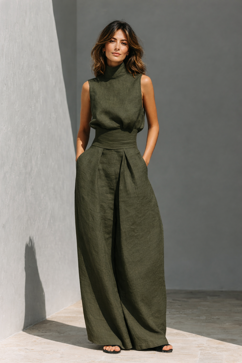 Yvonne Hellblau Ärmelloses Leinenset Weites Hosenbein für Damen | Luftig Elegant - XS/S/M/L/XL/2XL